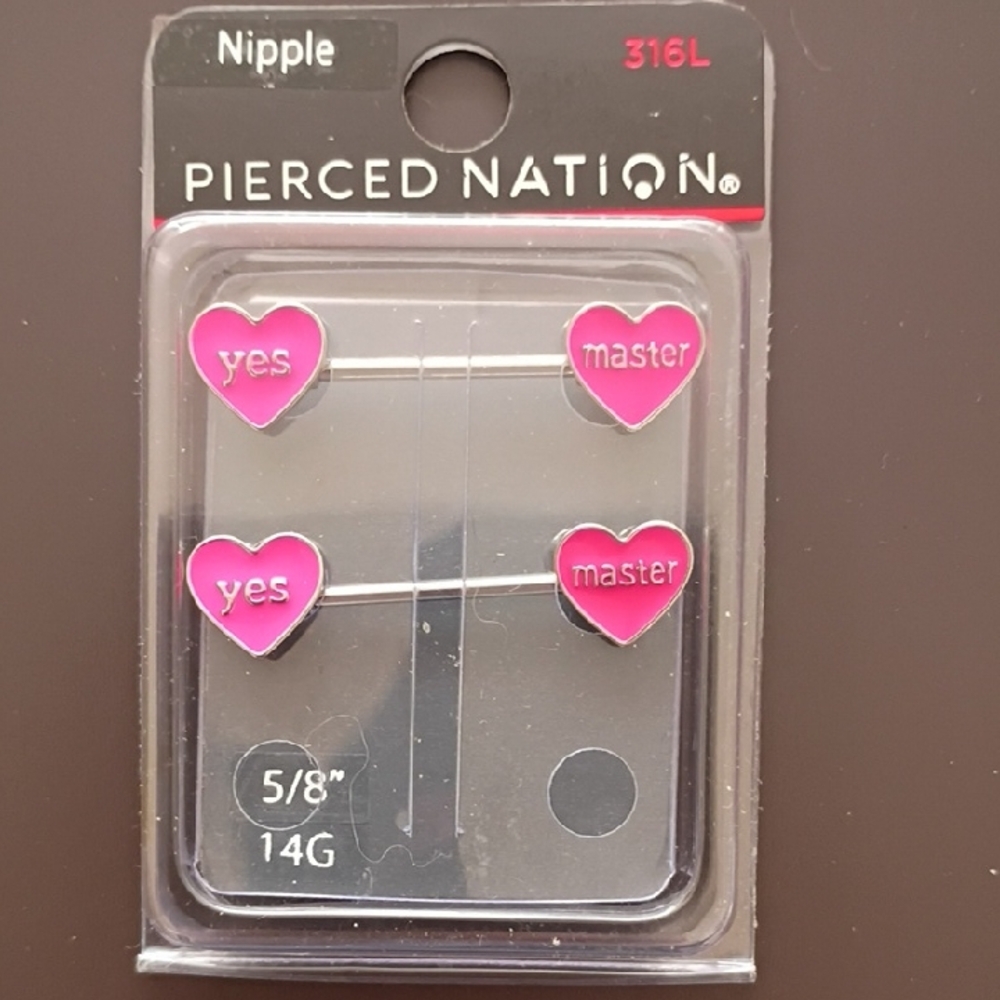 Pierced Nation Pink Heart Nipple Barbell Set - Yes & Master